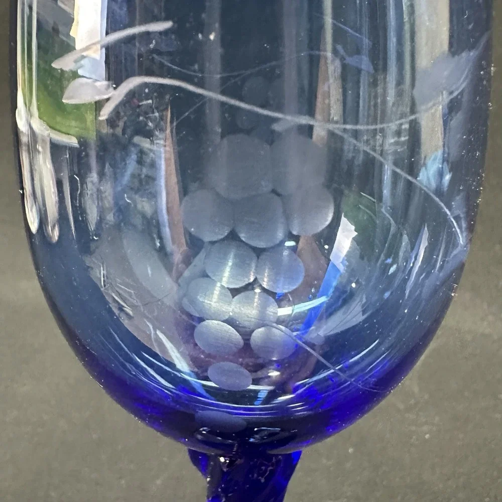 Vintage Cobalt Blue Wine Glass, Twisted stem, Etched Grape And Vine, Set of 2